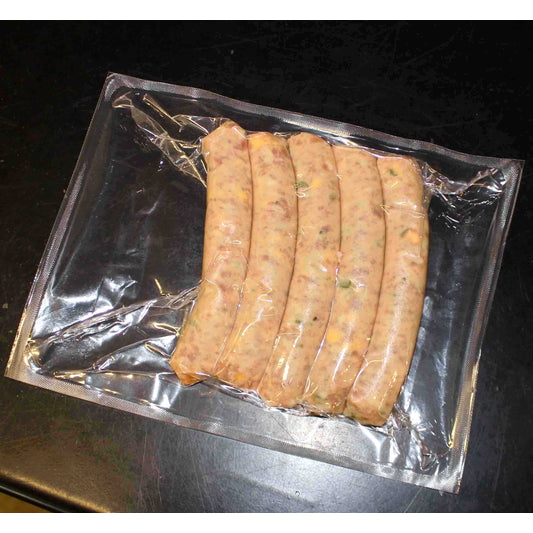 Creswick Farm's Asparagus Cheddar Brats Packaged . Keto friendly.